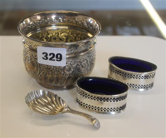 Silver sugar bowl, caddy spoon (a.f.) and a pair of salts